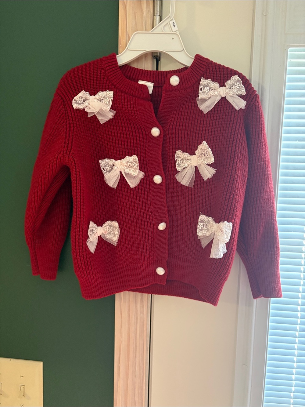Girls Red Knit Cardigan with White Lace Bows
